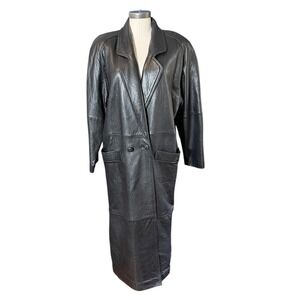 Bon Ton Vintage Black Genuine Leather Trench Coat Duster Medium Korea Made